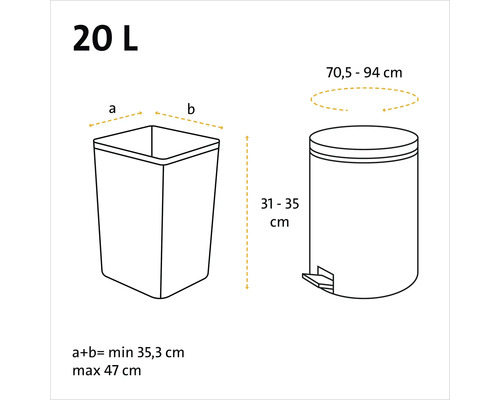 Maßzeichnung für einen Abfalleimer mit 20 Liter Fassungsvermögen inklusive Abmessungen für Höhe und Umfang.