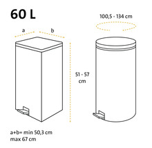 Dessin technique d une poubelle de soixante litres avec dimensions pour les modèles carrés et ronds