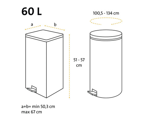 Dessin technique d une poubelle de soixante litres avec dimensions pour les modèles carrés et ronds