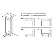 Dessin d installation pour la ventilation des appareils encastrables dans une armoire avec indications d entree et de sortie d air.