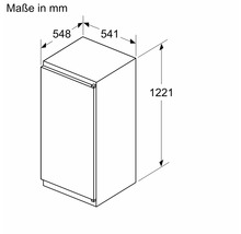 Dessin technique d'un réfrigérateur encastrable avec les dimensions 1221 par 548 par 541 millimètres.