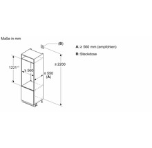 Dessin technique avec les dimensions d installation pour une armoire de cuisine haute pour intégration d appareil en millimètres.