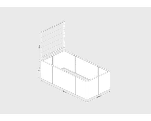 Dessin technique d un bac de culture surélevé avec couvercle rabattable dimensions 200 par 100 par 70 centimètres avec extension 113 centimètres