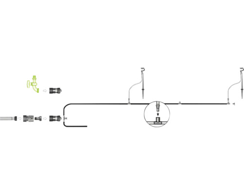 Installationsschema für eine Gartenbewässerungsanlage mit Wasserhahnanschluss und Regnern.