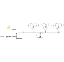 Installationsschema für ein Bewässerungssystem mit Wasserhahnanschluss, Schlauchleitungen und mehreren Mikrosprinklern zur Gartenbewässerung