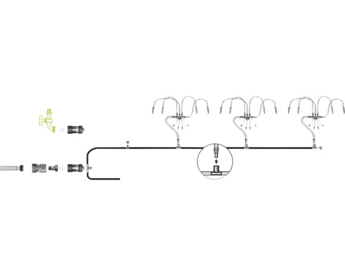 Installationsschema für ein Bewässerungssystem mit Wasserhahnanschluss, Schlauchleitungen und mehreren Mikrosprinklern zur Gartenbewässerung