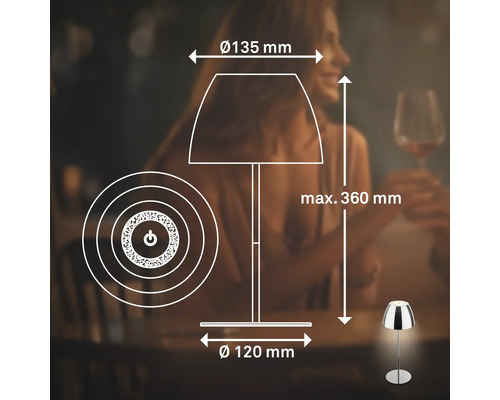 Technische Zeichnung einer Tischleuchte mit Maßangaben: Schirmdurchmesser 135 mm, Sockeldurchmesser 120 mm, maximale Höhe 360 mm.