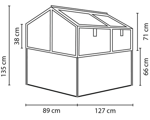 Dessin au trait d une serre de potager surélevé avec des dimensions détaillées en centimètres.