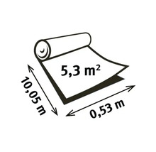 Graphique d'un rouleau de papier peint avec les dimensions 10,05 mètres sur 0,53 mètre et une surface totale de 5,3 mètres carrés.