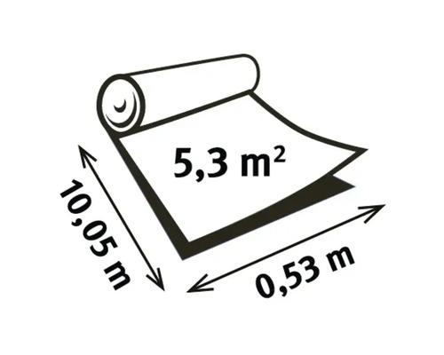 Graphique d'un rouleau de papier peint avec les dimensions 10,05 mètres sur 0,53 mètre et une surface totale de 5,3 mètres carrés.