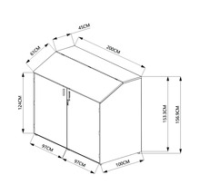Dessin technique avec dimensions pour un abri poubelle verrouillable ou une armoire de jardin avec deux portes et toit en appentis.