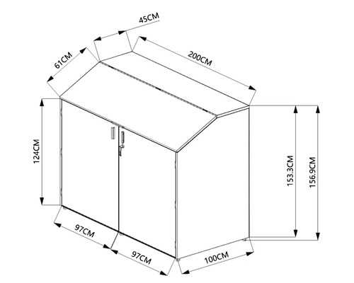 Dessin technique avec dimensions pour un abri poubelle verrouillable ou une armoire de jardin avec deux portes et toit en appentis.