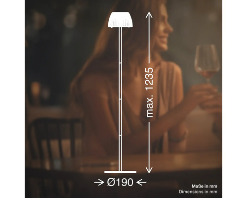 Lampadaire avec schéma dimensionnel, hauteur maximale 1235 millimètres, diamètre de base 190 millimètres, dans un environnement résidentiel.