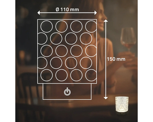 Technische Zeichnung einer LED Tischleuchte mit Maßen von 110 Millimeter Durchmesser und 150 Millimeter Höhe inklusive Ein- und Ausschalter Symbol.