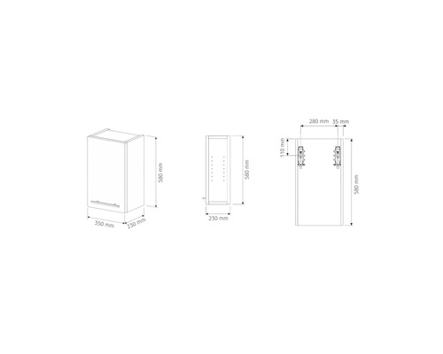 Dessin technique avec les dimensions d'une armoire de salle de bain avec une porte.