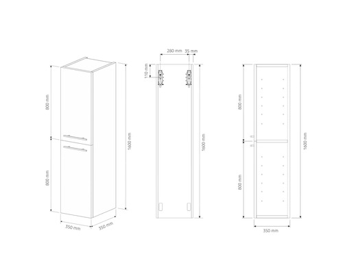 Dessin technique d'une armoire haute avec cotes, hauteur totale 1600 millimètres, largeur et profondeur 350 millimètres.