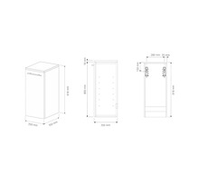 Dessin technique d'une armoire de salle de bain avec une porte et un tiroir incluant les dimensions détaillées en millimètres.