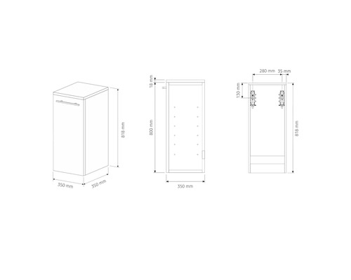 Dessin technique d'une armoire de salle de bain avec une porte et un tiroir incluant les dimensions détaillées en millimètres.