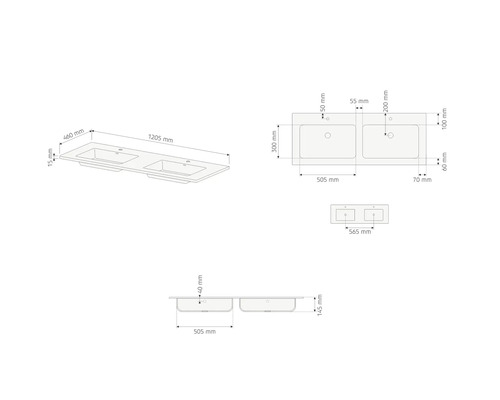 Dessin technique d un lavabo double avec dimensions en millimètres pour la planification du montage.
