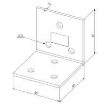 Winkelverbinder aus Metall mit 40 Millimeter Schenkellänge und 5 Millimeter Bohrlochdurchmesser.