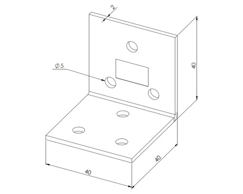 Winkelverbinder aus Metall mit 40 Millimeter Schenkellänge und 5 Millimeter Bohrlochdurchmesser.