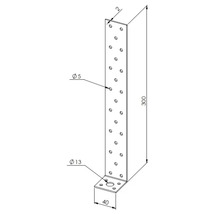Winkelverbinder aus Metall mit Lochungen, 300 Millimeter Länge, 40 Millimeter Breite, Materialstärke 2 Millimeter, Lochdurchmesser 5 und 13 Millimeter
