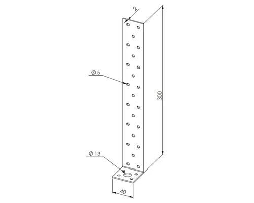 Winkelverbinder aus Metall mit Lochungen, 300 Millimeter Länge, 40 Millimeter Breite, Materialstärke 2 Millimeter, Lochdurchmesser 5 und 13 Millimeter