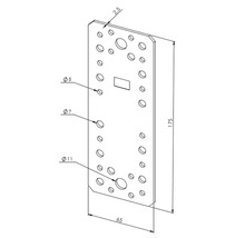 Flachverbinder aus Stahl mit verschiedenen Lochdurchmessern, 175 mal 65 mal 2,5 Millimeter