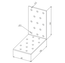Winkelverbinder aus Metall mit Lochung, 100 mal 60 mal 100 Millimeter, Materialstärke 2,5 Millimeter, Lochdurchmesser 5 Millimeter.