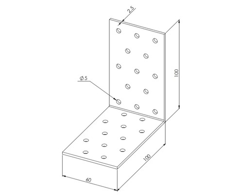 Winkelverbinder aus Metall mit Lochung, 100 mal 60 mal 100 Millimeter, Materialstärke 2,5 Millimeter, Lochdurchmesser 5 Millimeter.