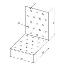 Winkelverbinder mit Lochbild, 100 x 80 x 100 Millimeter, Materialstärke 2,5 Millimeter, Lochdurchmesser 5 Millimeter.