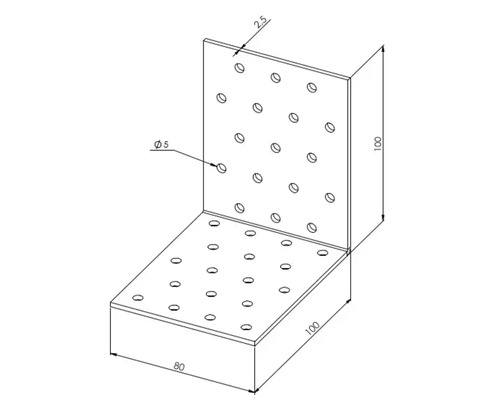 Winkelverbinder mit Lochbild, 100 x 80 x 100 Millimeter, Materialstärke 2,5 Millimeter, Lochdurchmesser 5 Millimeter.