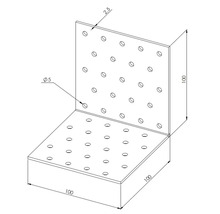 Technische Zeichnung eines Winkelverbinders mit 100 mal 100 Millimeter Schenkellänge und 2,5 Millimeter Materialstärke mit Lochbohrungen.