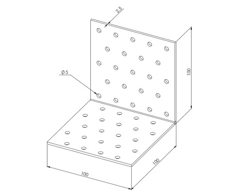 Technische Zeichnung eines Winkelverbinders mit 100 mal 100 Millimeter Schenkellänge und 2,5 Millimeter Materialstärke mit Lochbohrungen.