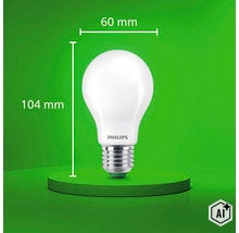 Philips LED Lampe in Birnenform mit E27 Sockel und 104 mal 60 Millimeter Abmessungen. (Image AI modified or generated)