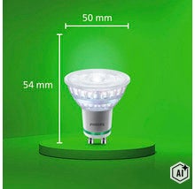 Ampoule LED Philips avec culot GU10 et dimensions 50 millimètres de diamètre et 54 millimètres de hauteur (Image AI modified or generated)