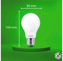 Ampoule LED Philips avec culot E27, diamètre de 60 millimètres et hauteur totale de 104 millimètres. (Image AI modified or generated)