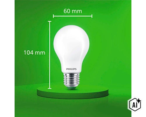 Ampoule LED Philips avec culot E27, diamètre de 60 millimètres et hauteur totale de 104 millimètres. (Image AI modified or generated)