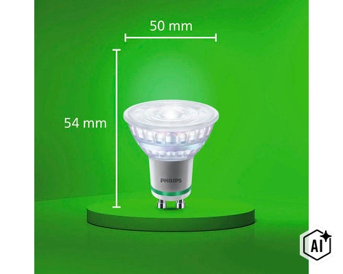 Philips LED Lampe mit GU10 Sockel und Maßangaben 50 Millimeter Durchmesser und 54 Millimeter Höhe (Image AI modified or generated)