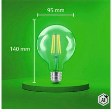 Ampoule LED à filament Philips en forme de globe, avec un diamètre de 95 millimètres et une hauteur totale de 140 millimètres. (Image AI modified or generated)