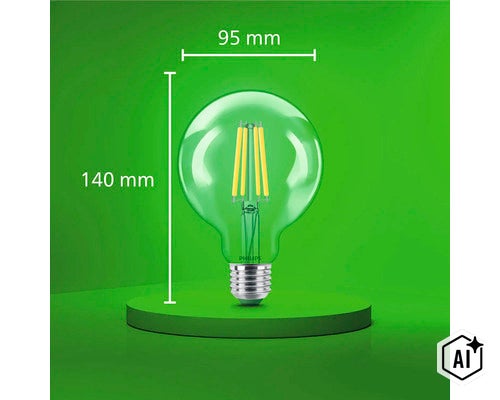 Ampoule LED à filament Philips en forme de globe, avec un diamètre de 95 millimètres et une hauteur totale de 140 millimètres. (Image AI modified or generated)