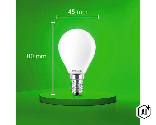 Ampoule LED goutte Philips E14 avec 45 millimètres de diamètre et 80 millimètres de hauteur (Image AI modified or generated)