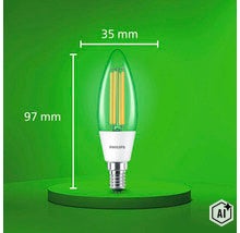 Philips LED Filament Kerzenlampe mit E14 Sockel und Abmessungen 35 mal 97 Millimeter (Image AI modified or generated)