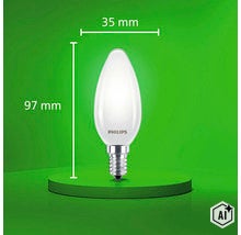 Philips LED Kerzenlampe E14 matt mit Maßen von 35 Millimeter Durchmesser und 97 Millimeter Höhe. (Image AI modified or generated)