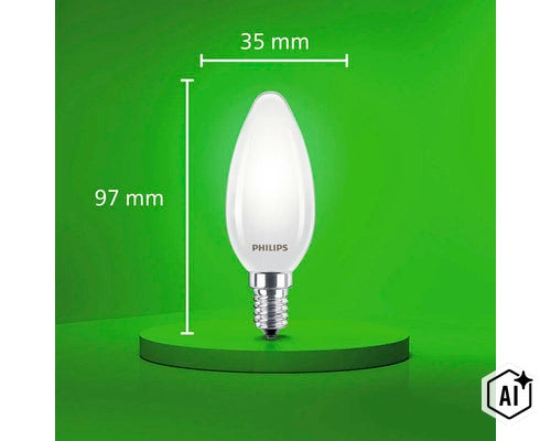 Philips LED Kerzenlampe E14 matt mit Maßen von 35 Millimeter Durchmesser und 97 Millimeter Höhe. (Image AI modified or generated)