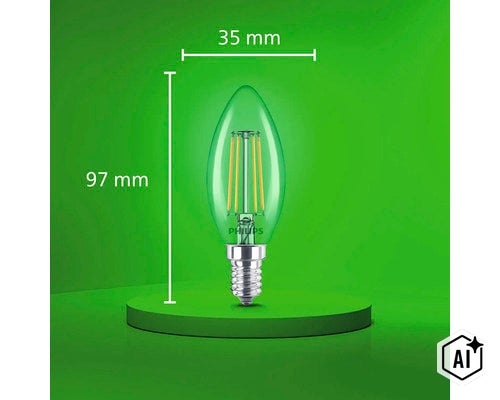 Philips LED Filament Kerzenlampe E14 mit 35 Millimeter Durchmesser und 97 Millimeter Gesamthöhe (Image AI modified or generated)