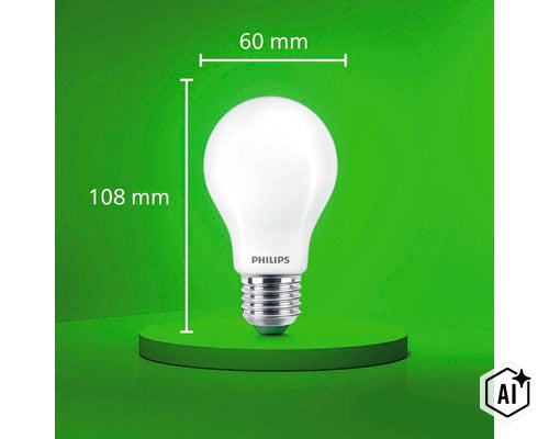 Ampoule LED Philips avec culot E27, dimensions 108 millimètres par 60 millimètres (Image AI modified or generated)
