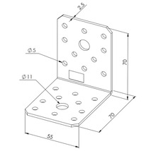 Winkelverbinder aus Metall mit Maßangaben 70 mal 70 mal 55 Millimeter und 5 Millimeter beziehungsweise 11 Millimeter Lochdurchmesser.