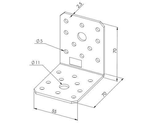 Winkelverbinder aus Metall mit Maßangaben 70 mal 70 mal 55 Millimeter und 5 Millimeter beziehungsweise 11 Millimeter Lochdurchmesser.
