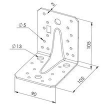 Winkelverbinder mit Sicke aus Metall mit Maßen 105 mal 105 mal 90 Millimeter und Bohrungen für Holzverbindungen
